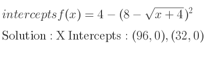 The intercepts of f(x)=4-(8-sqrt(x+4))^2 is X Intercepts: (96,0),(32,0),Y Intercepts: (0,-32)
